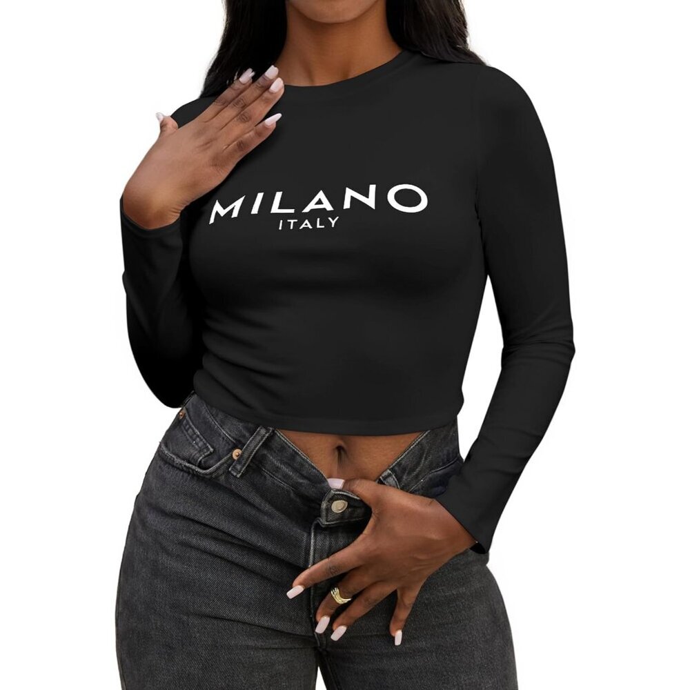 Long Sleeve Crop Top Women Fitted Graphic Crew Neck Casual for Fall - Picture 2 of 6